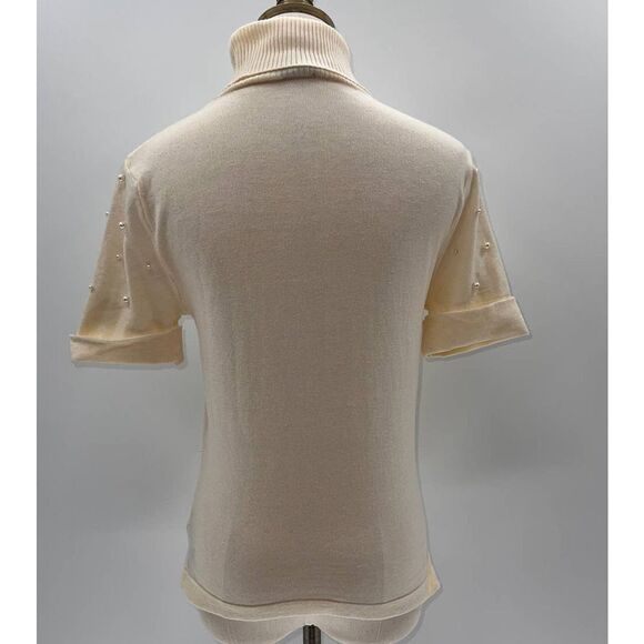 Bebe Cream Short Sleeve Turtleneck Pearl Sequin Logo Sweater- L - Picture 4 of 12